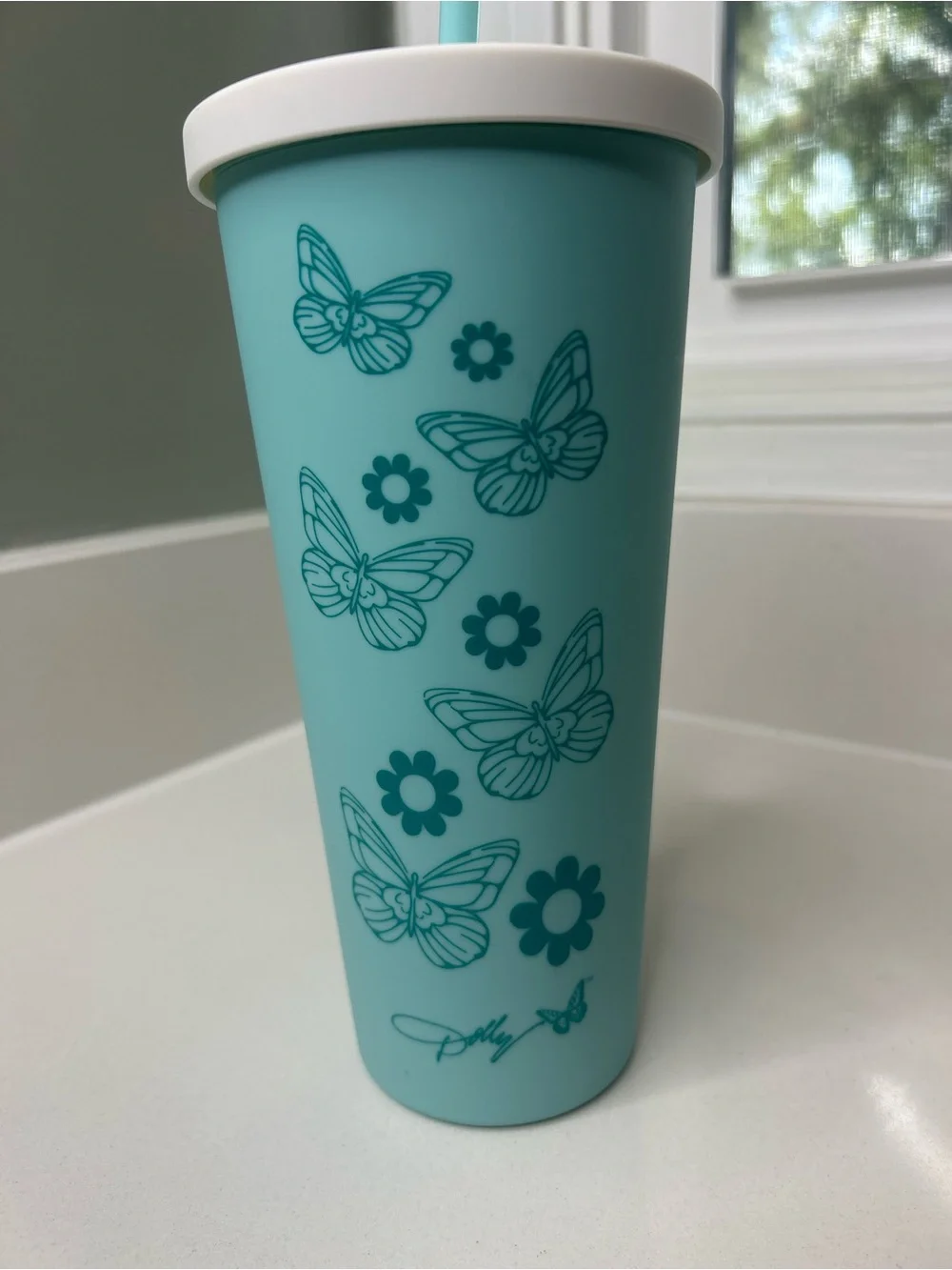 NEW Dolly Parton Aqua Butterfly Flower Reusable Straw Tumbler 8” tall